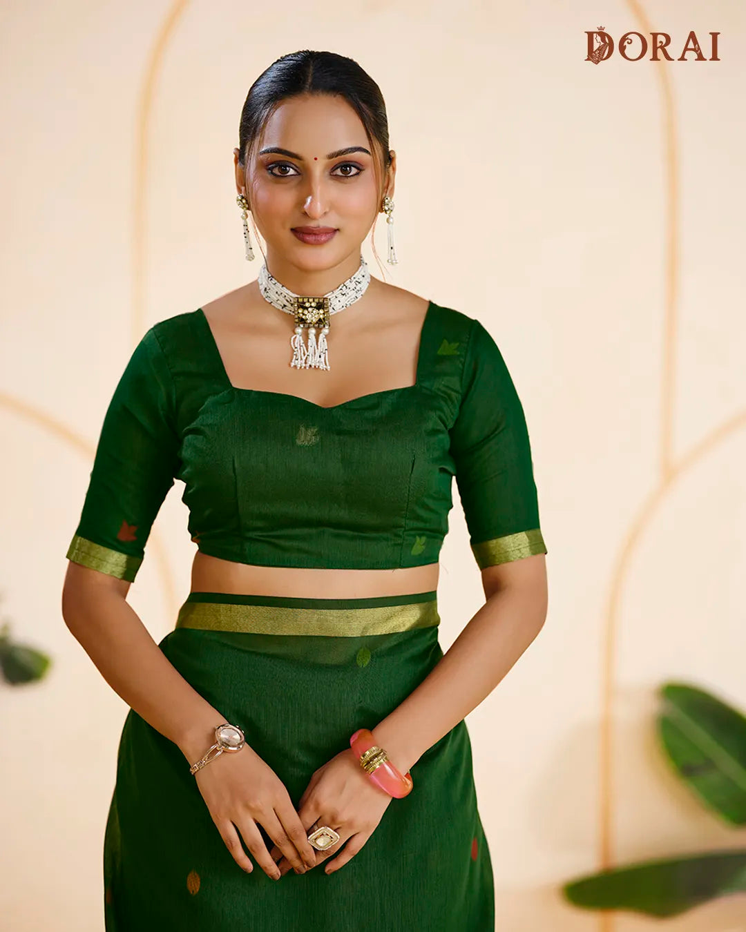 Emerald Grace – B.Green Muga Cotton Saree with Organza Elegance