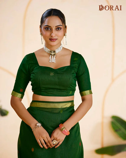 Emerald Grace – B.Green Muga Cotton Saree with Organza Elegance