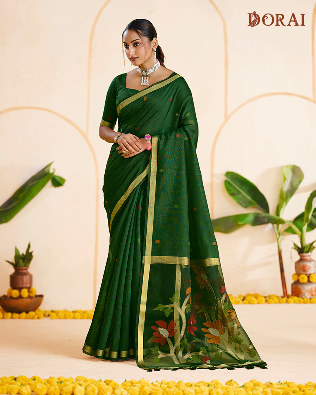 Deep Scarlet Zari Jamdani Muga Cotton Saree | Floral Woven Oragana Pallu