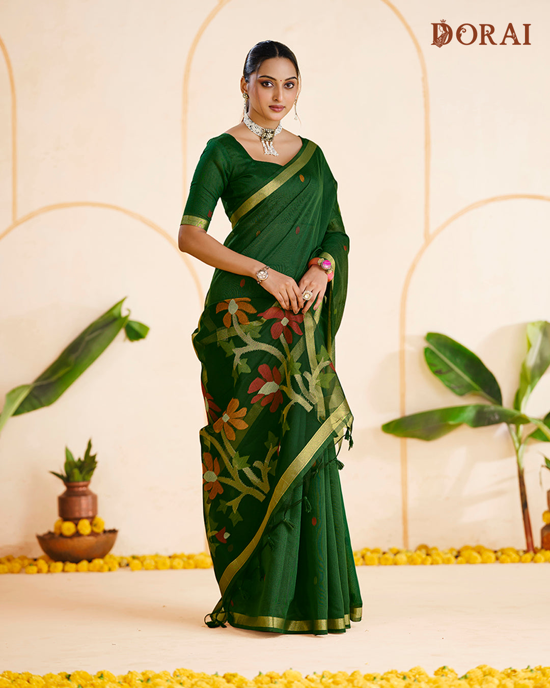Forest Green Jamdani MugaCotton Saree | Golden Zari & Floral Oragana Pallu