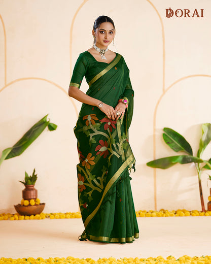 Forest Green Jamdani MugaCotton Saree | Golden Zari & Floral Oragana Pallu