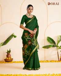 Emerald Grace – B.Green Muga Cotton Saree with Organza Elegance