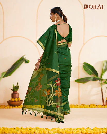 Forest Green Jamdani MugaCotton Saree | Golden Zari & Floral Oragana Pallu