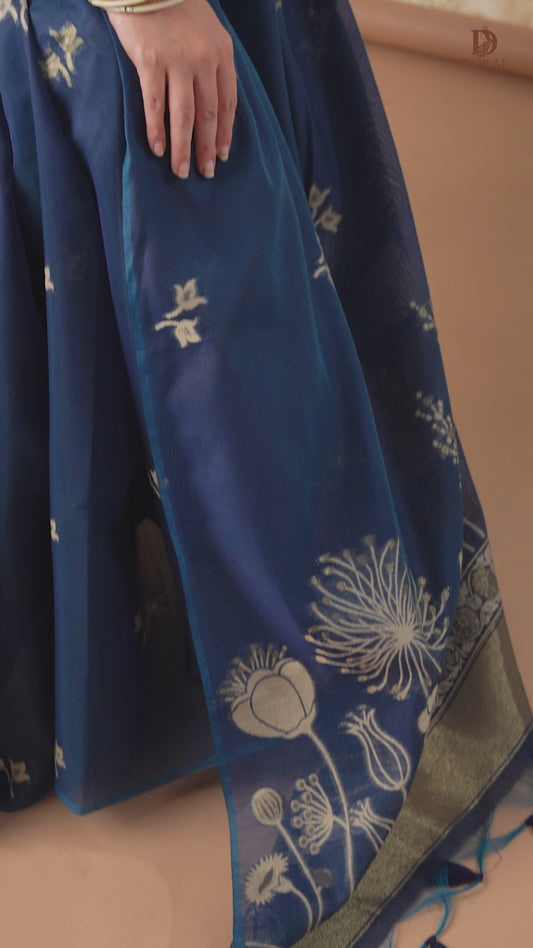 Indigo Blue Linen-Cotton Jamdani Saree with Floral Motifs